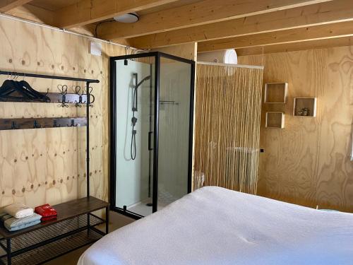 a bedroom with a glass shower and a bed at Eb en Vloed in Huisduinen