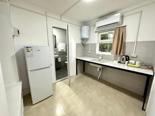 a small kitchen with a refrigerator and a sink at Family Appartments on Buzand street in Yerevan
