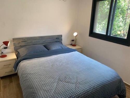 um quarto com uma cama com um edredão azul e 2 janelas em חצר ברמה em Sha'al