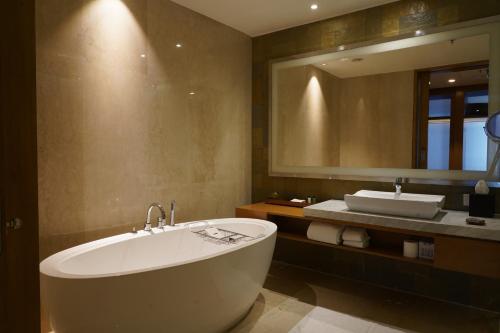a bathroom with a tub and a sink and a mirror at Marriott Executive Apartments Hyderabad in Hyderabad