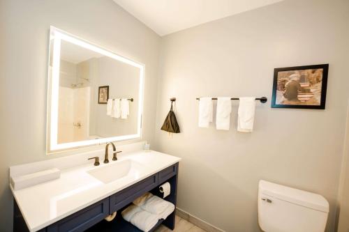 a bathroom with a sink and a toilet and a mirror at AmericInn by Wyndham Tomahawk in Tomahawk