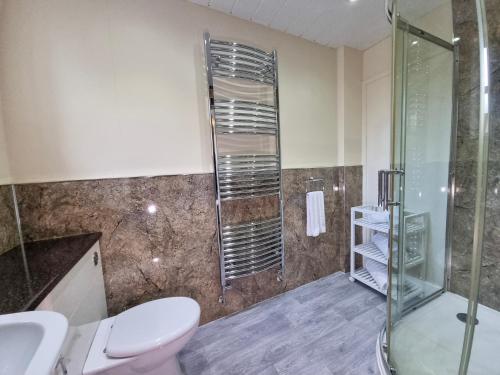 a bathroom with a toilet and a glass shower at The Globe Inn in Penrith