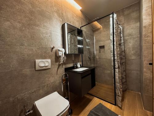 ein Bad mit einer Dusche, einem WC und einem Waschbecken in der Unterkunft Aral Sea View Apartments & Suites in Shëngjin