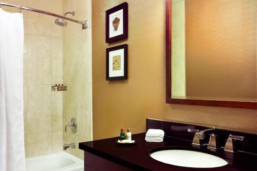 een badkamer met een wastafel, een douche en een spiegel bij Sheraton Harrisburg Hershey Hotel in Harrisburg
