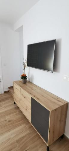 a flat screen tv on a wall in a living room at Vistas mar y montaña LasNegras in Las Negras