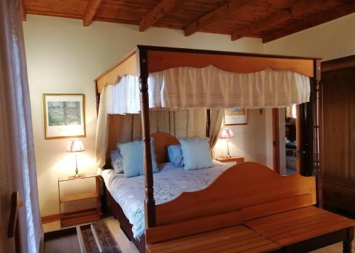 a bedroom with a canopy bed with blue pillows at Die Heemhuis in Rawsonville