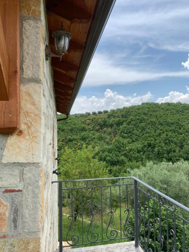 a balcony with a view of a forest at Villa Shehu in Kuçovë