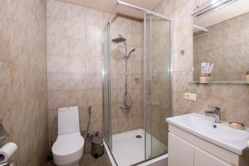 La salle de bains est pourvue d'une douche, de toilettes et d'un lavabo. dans l'établissement Dzeruli, à Tkibulges