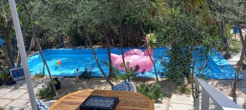 een zwembad met een roze opblaasbare ligstoel naast een tafel bij Luxury loving home in Tolo