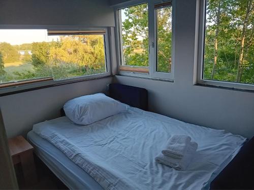 a small bed in a room with two windows at Chatka Święty Spokój in Piotrowice