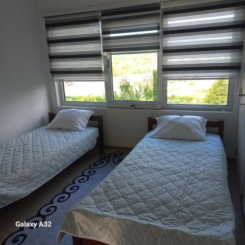 two beds in a room with two windows at Kuća za odmor Lohovo in Bihać