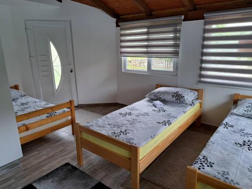 1 dormitorio con 2 camas y 2 ventanas en Kuca za odmor Šušnjar, en Ripač