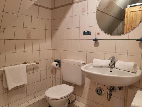 a bathroom with a toilet and a sink and a mirror at Ferienwohnung "Neptun" im Haus Tjark in Sankt Peter-Ording