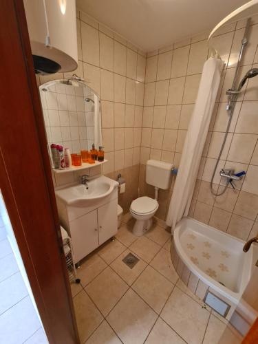 uma casa de banho com um WC, um lavatório e um chuveiro em Villa Toscana em Zaboric