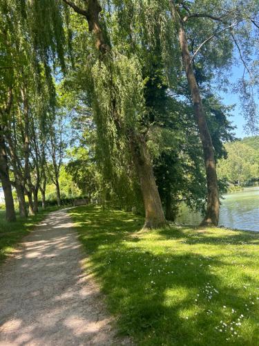 a tree lined path next to a body of water at Adorable F1, au bord du lac d’élancourt village in Élancourt