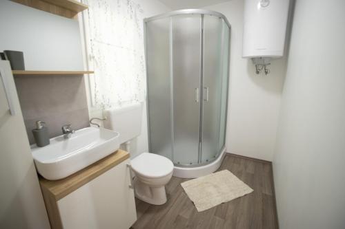 a bathroom with a shower and a toilet and a sink at Mobile Home Lana in Murter
