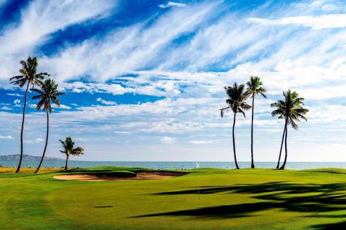 a group of palm trees on a golf course with the ocean at Sheraton Fiji Golf & Beach Resort in Denarau