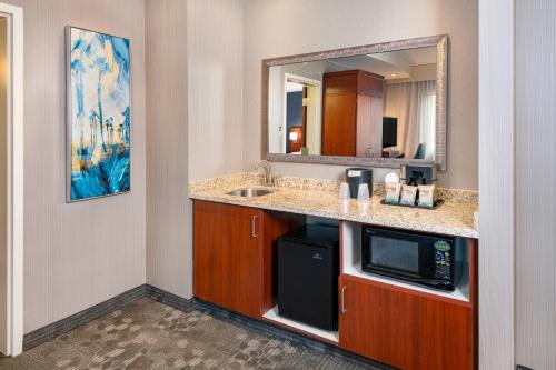 a bathroom with a sink and a microwave at Courtyard by Marriott Santa Ana Orange County in Santa Ana