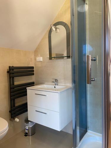 a bathroom with a white sink and a shower at Domki u Ewy in Stronie Śląskie