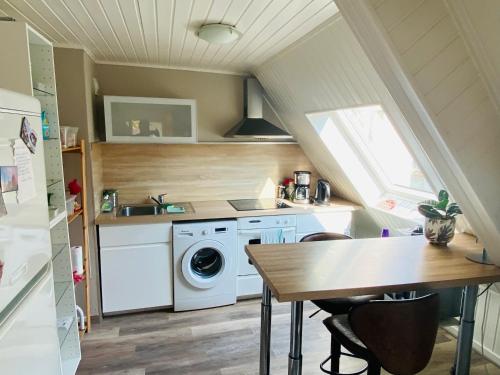 a kitchen with a washer and dryer and a table at Joli 2 pièces, climatisé avec terrasse, vue sur les toits, en zone piétonne in Haguenau