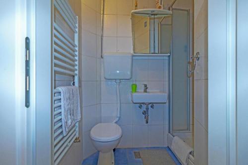 a small bathroom with a toilet and a sink at Studio Cibona in Zagreb