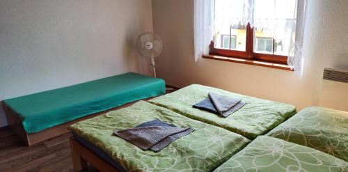 a room with two beds with green sheets and a window at Chalupa na Koskách in Třeboň
