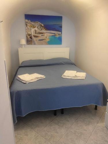 - une chambre avec un lit bleu et des serviettes dans l'établissement Casa Franchi, à Catane