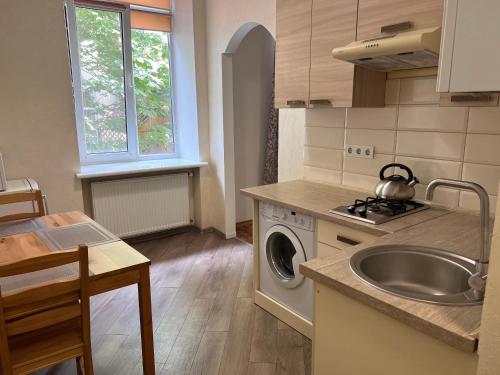 Il comprend une cuisine équipée d'un évier et d'un lave-linge. dans l'établissement apartments of Saint Theodore, à Lviv