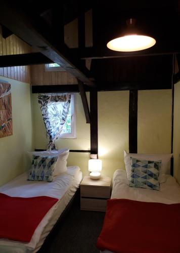 dwa łóżka w pokoju z lampką i oknem w obiekcie Dankowska Dolina w mieście Danków