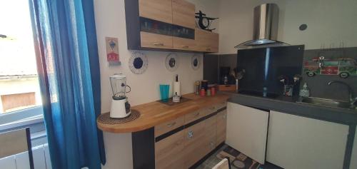 une cuisine avec un comptoir avec un mixeur dessus dans l'établissement Chez Micka, à Carcassonne