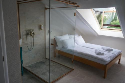 a glass shower in a bedroom with a bed at Hotel Restoran Humsko in Trebinje