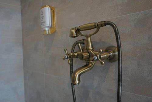 a brass shower faucet with a hose in a bathroom at Hotel Restoran Humsko in Trebinje
