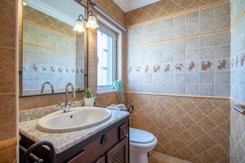 a bathroom with a sink and a toilet and a mirror at Villa Iris in Galé
