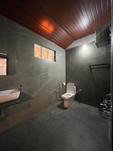 a bathroom with a white toilet and a sink at THE MASCARA - Home stay @ Coorg in Kushālnagar