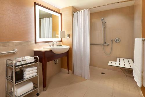 uma casa de banho com um lavatório e um chuveiro em Sheraton Centre Toronto Hotel em Toronto
