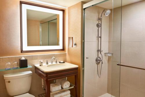 a bathroom with a toilet and a sink and a shower at Sheraton Centre Toronto Hotel in Toronto