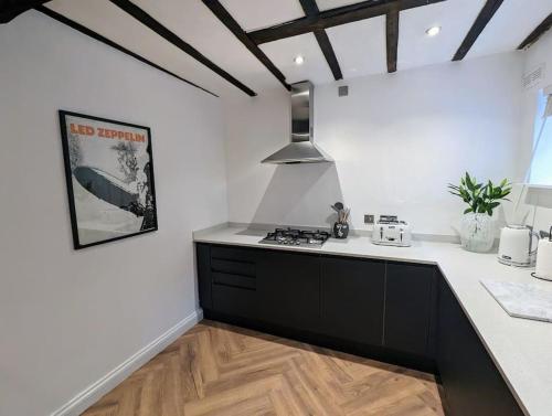 a kitchen with a stove and a counter top at Zeppelin House - Riverside 18th Century Townhouse in Bewdley