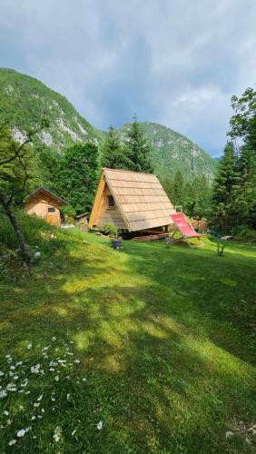 eine Hütte auf einem Grasfeld mit einem Berg in der Unterkunft U KONC in Stahovica