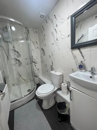 a bathroom with a toilet and a shower and a sink at Large 3 bed - 10 mins to centre in Liverpool