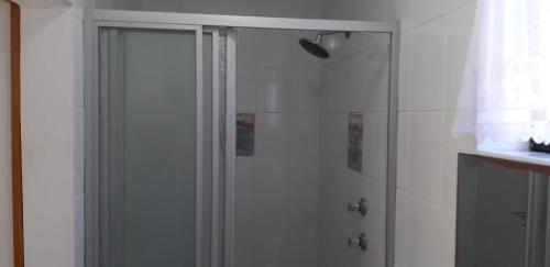 a shower with a glass door in a bathroom at Shark Cove Little Cottage in Kleinbaai
