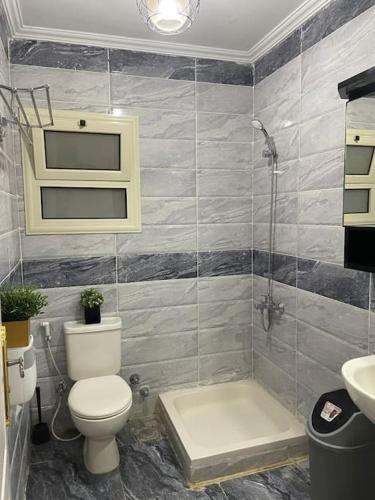 アインソフナにあるSun Mirror Chalet El Sokhnaのトイレ、シャワー、洗面台を備えたバスルーム