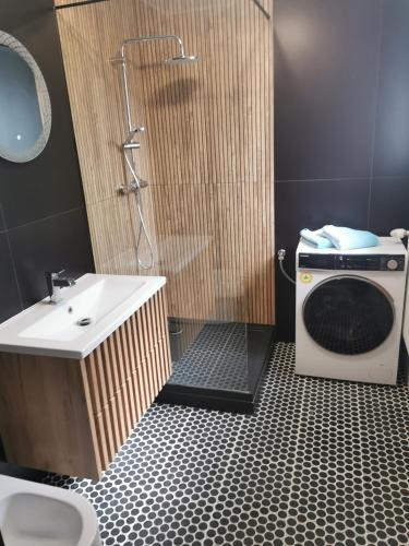 een badkamer met een douche, een wastafel en een wasmachine bij Mrągowski Apartament 1 in Mrągowo