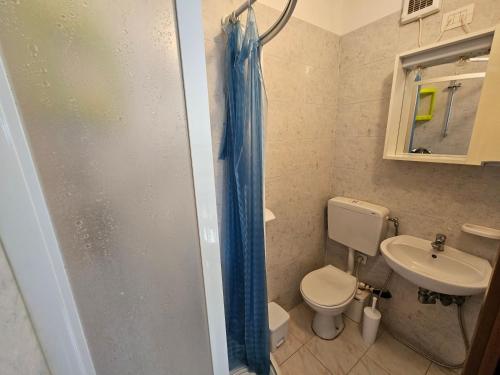 a bathroom with a shower and a toilet and a sink at Appartamento a Porto Garibaldi vicino al mare in Porto Garibaldi
