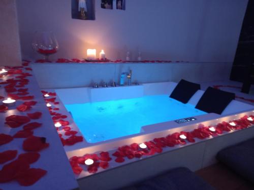 a bathroom with a large tub with red roses around it at SaxAurea in Matera