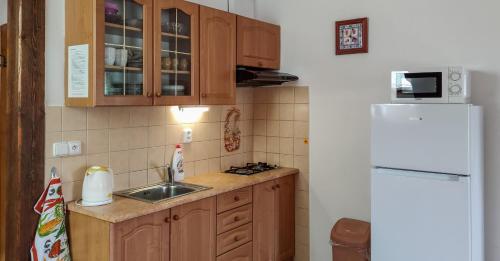 a small kitchen with a sink and a refrigerator at Apartmán na Koskách in Třeboň