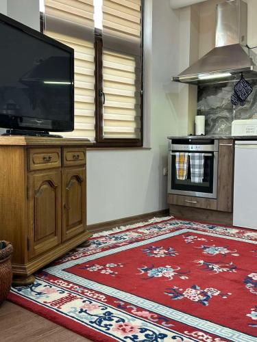 a kitchen with a television and a red rug at Ози 1 Допълнителна къща за гости in Ovchartsi