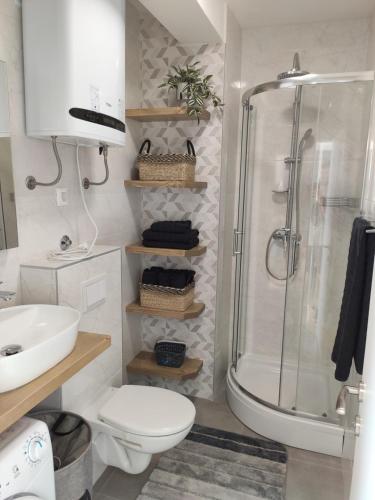 Un baño con ducha, inodoro y lavabo. en Apartmani Šara 2, en Betina