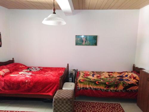 une chambre avec deux lits dans une chambre avec une lampe dans l'établissement Traditional house in pelendri, à Limassol