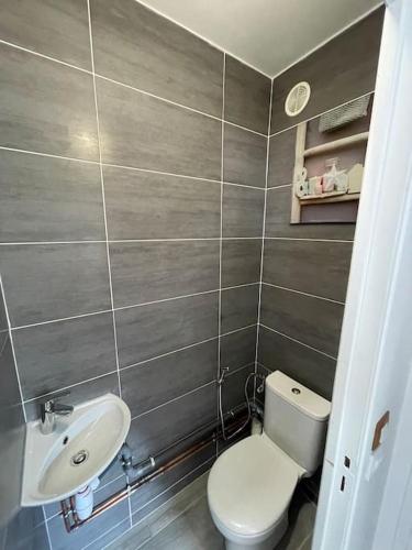 a small bathroom with a toilet and a sink at Home DisneyLand Paris avec Parking wifi in Lagny
