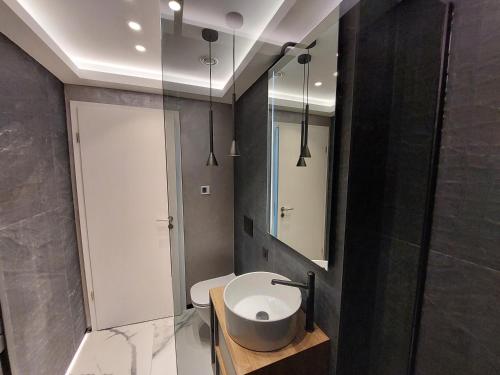 een badkamer met een wastafel, een toilet en een spiegel bij Cosmopolit by Riba in Braşov